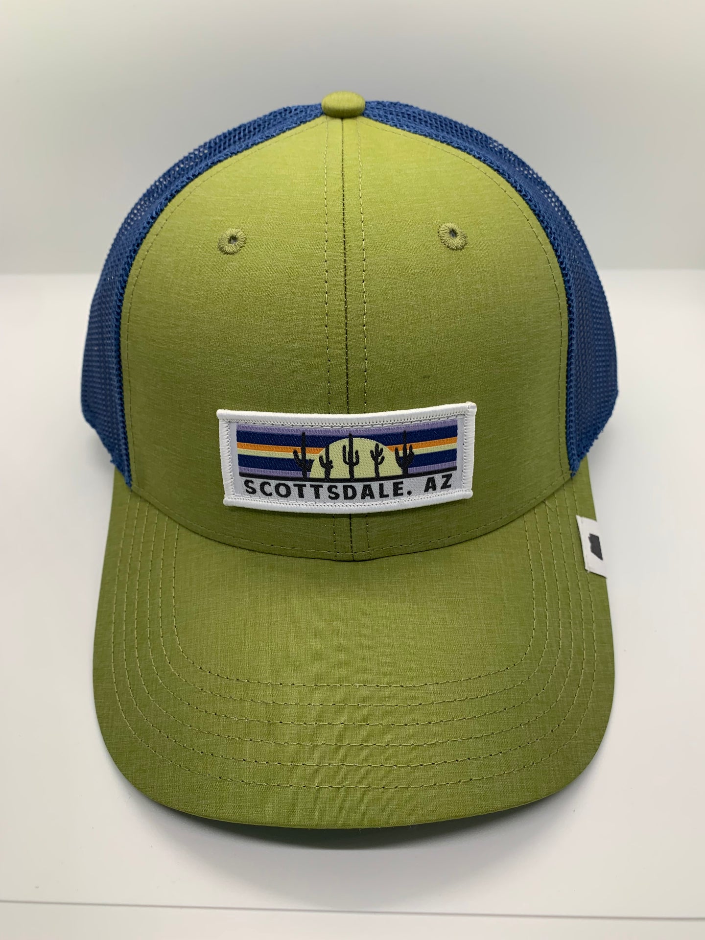 G54 Lime Green and Blue Scottsdale, Az Trucker Hat with custom Kactus Jock taping and  snapback
